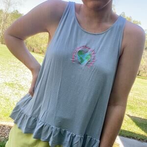 EARTH DAY SHIRT blue embroidered ruffled tank